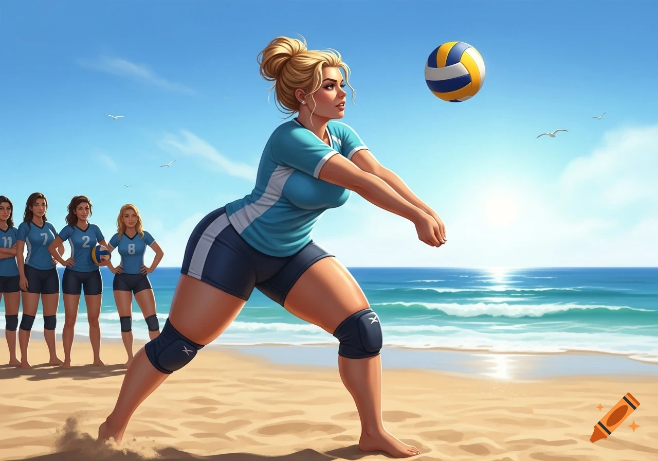 A blond volleyball player in a blue and white uniform bumps a ball on a sunny beach, with teammates in the background.
