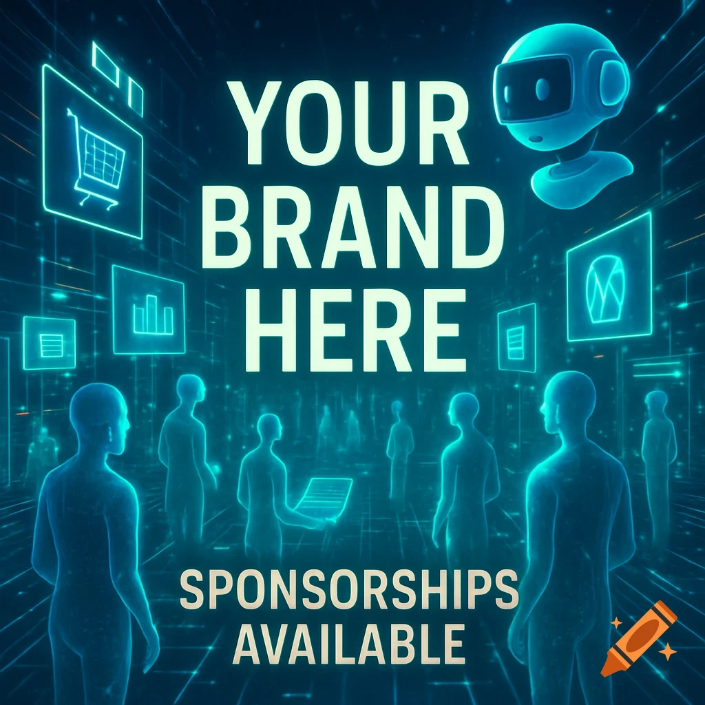 Futuristic AI commerce scene with a robot head, glowing digital figures, and text 'YOUR BRAND HERE' 'SPONSORSHIPS AVAILABLE'.