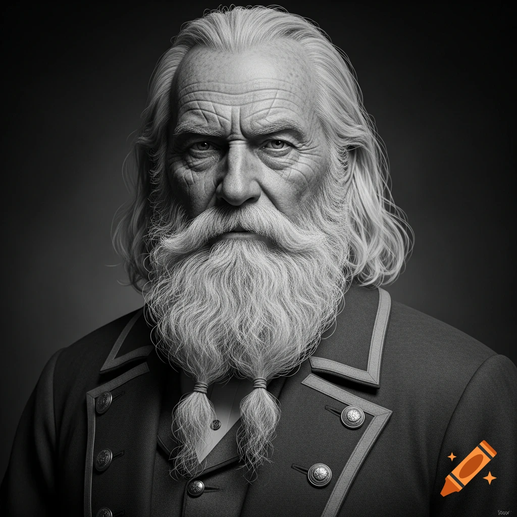 Black and white portrait of an old man with a long, braided white beard ...