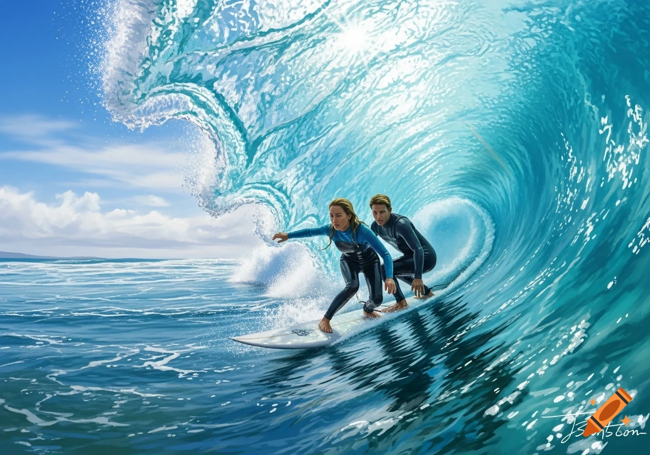 Two people in wetsuits surf inside a large curling ocean wave under a bright sunny sky, with open water in the distance.