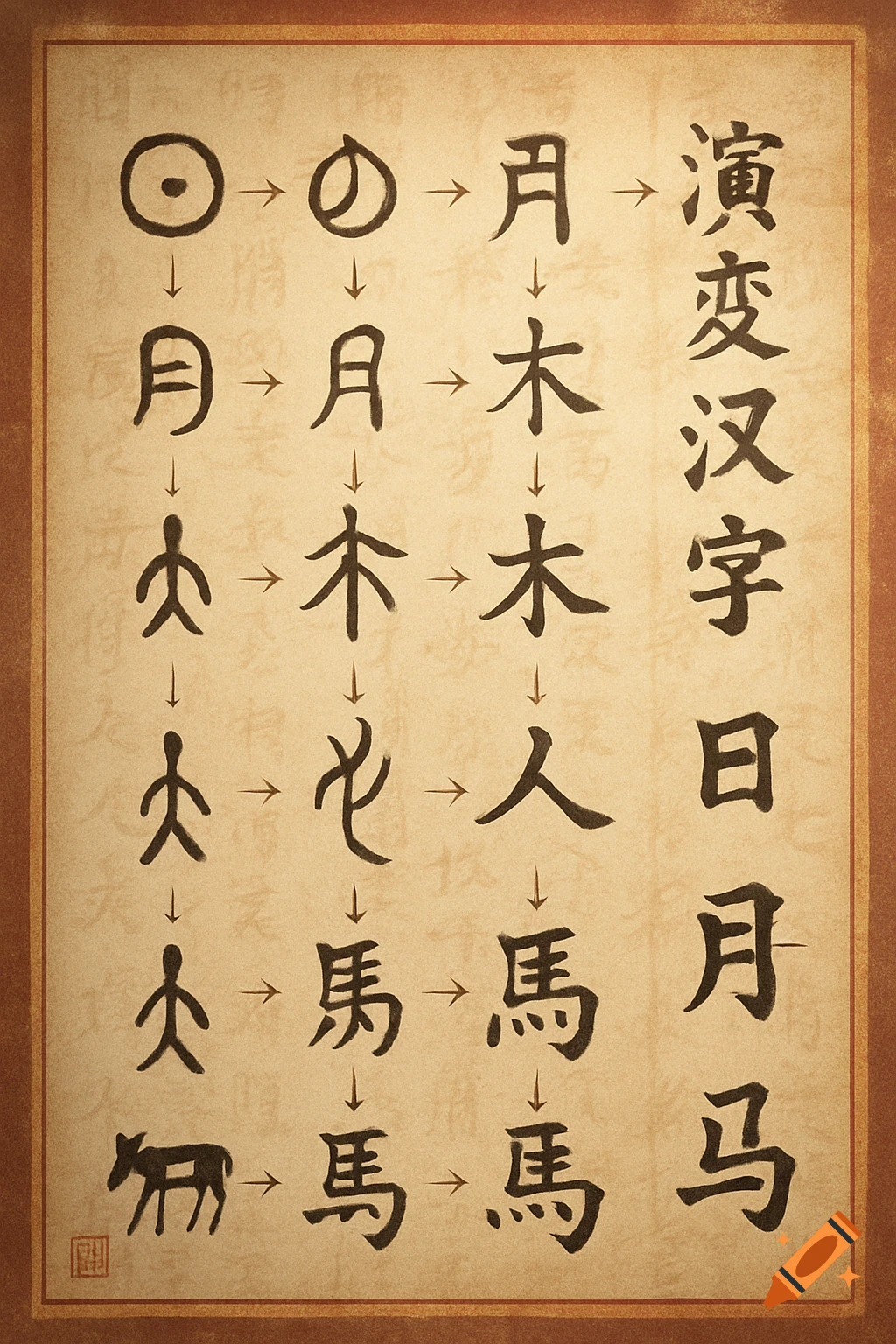 A chart depicting the evolution of Chinese characters, with columns of brush-stroke characters and arrows on aged parchment.