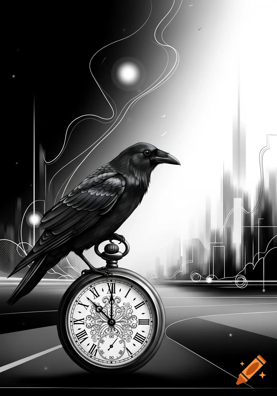 A black raven perches on a detailed pocket watch against a monochrome, stylized cityscape background with white lines and light.