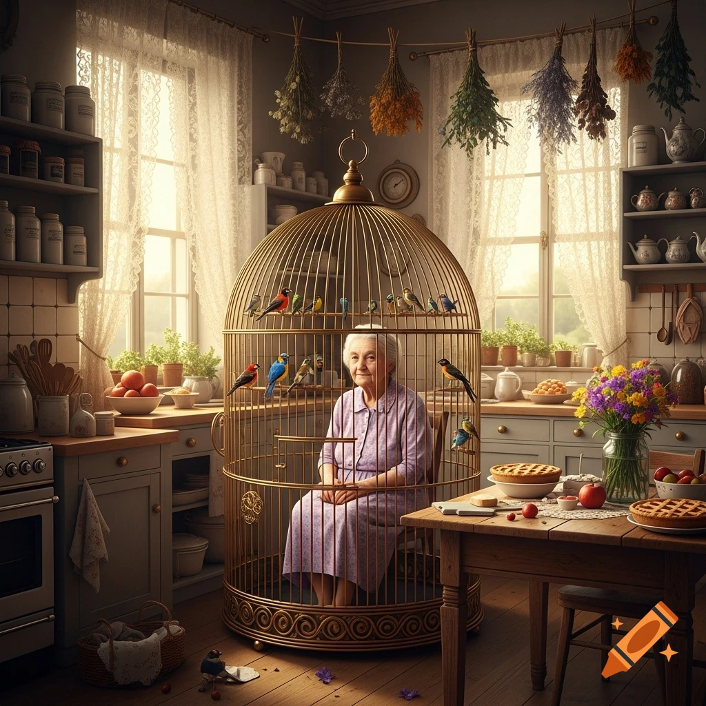 An elderly woman sits inside a large golden birdcage in a rustic kitchen, surrounded by colorful birds and domestic details.