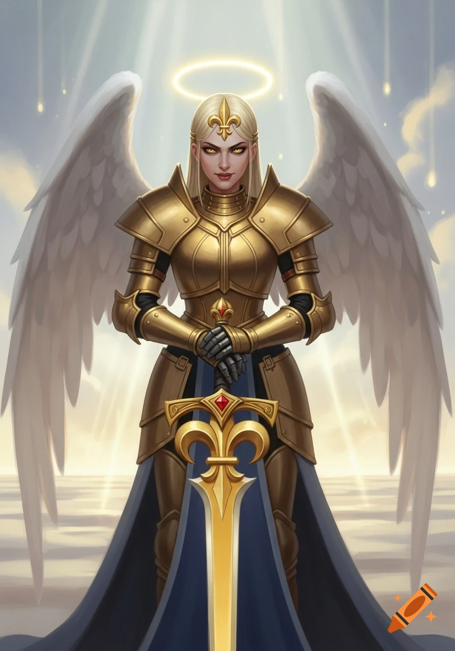 An angelic woman in golden armor with large white wings, a glowing halo, and a fleur-de-lis adornment, holding a golden sword.
