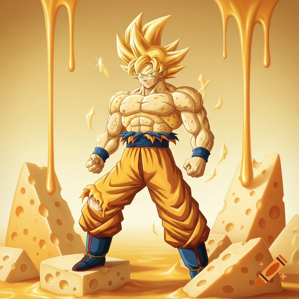 Anime character Goku, made of cheese with a porous texture, stands on a cheese wedge amidst melting cheese and cheese chunks.