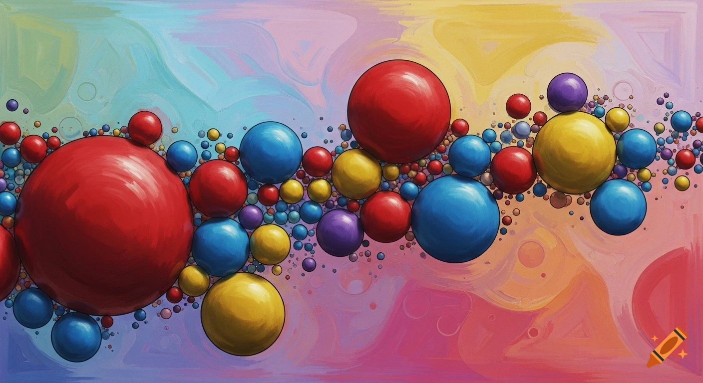 An abstract painting filled with various sized colorful spheres in red, blue, yellow, and purple on a soft, swirling multi-colored background.