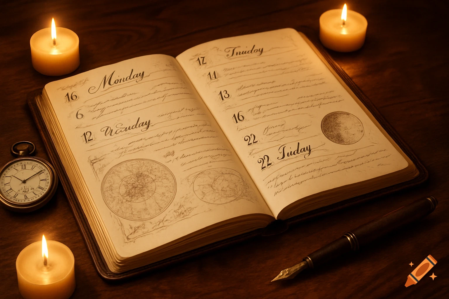 An antique open journal or planner lies on a wooden desk, surrounded by three lit candles, a pocket watch, and a quill pen, all bathed in warm light.