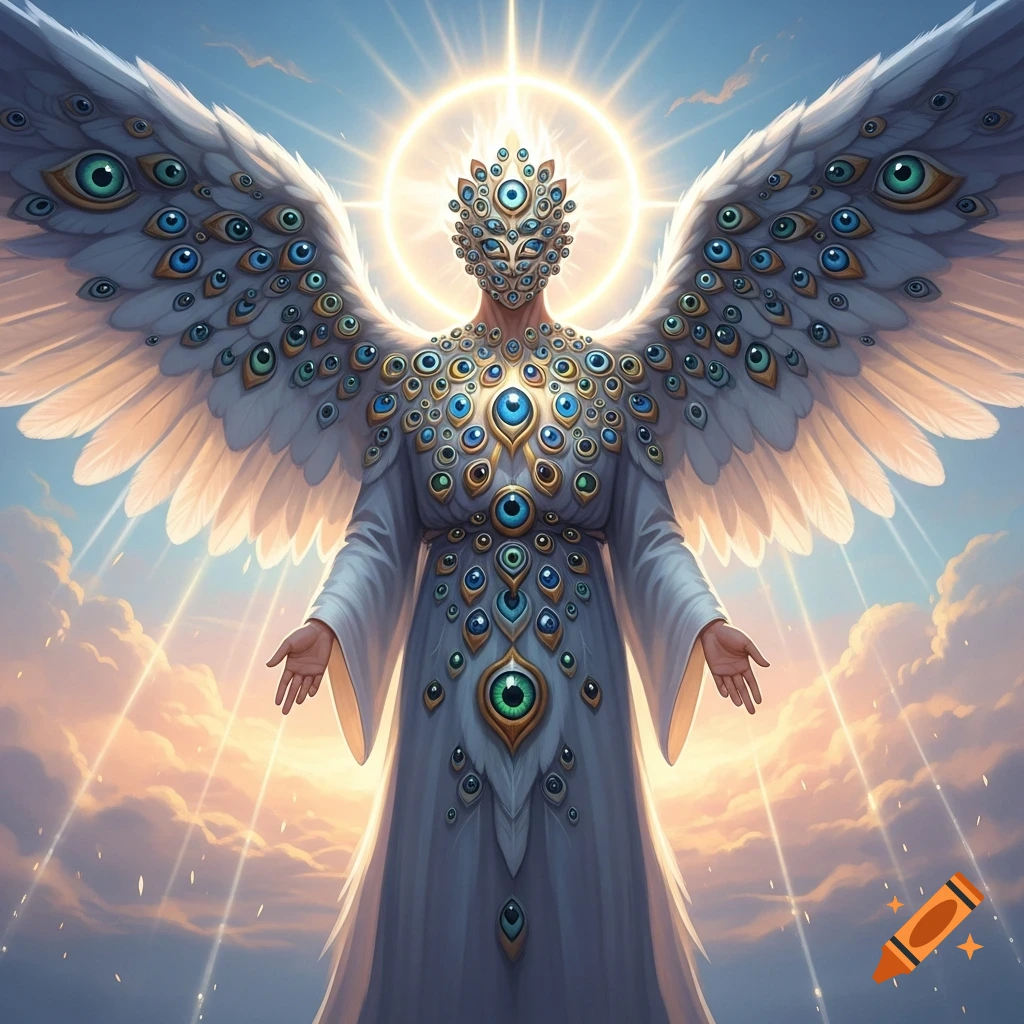 A mythical angel with large white wings and a body covered in numerous green and blue eyes, against a bright, cloudy sky.
