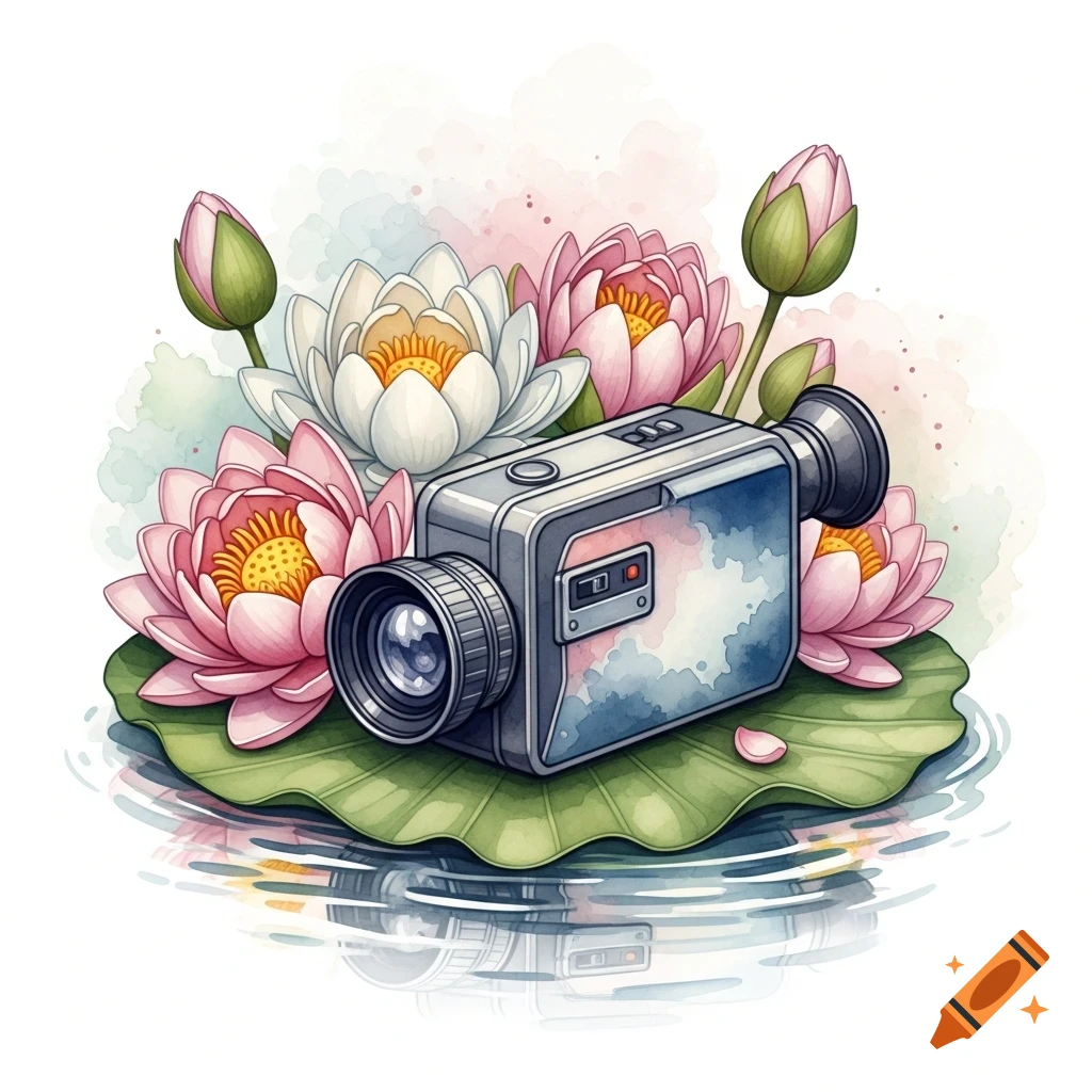 Watercolor art print of a vintage video camera on a lily pad surrounded by pink and white lotus flowers with reflections in water.