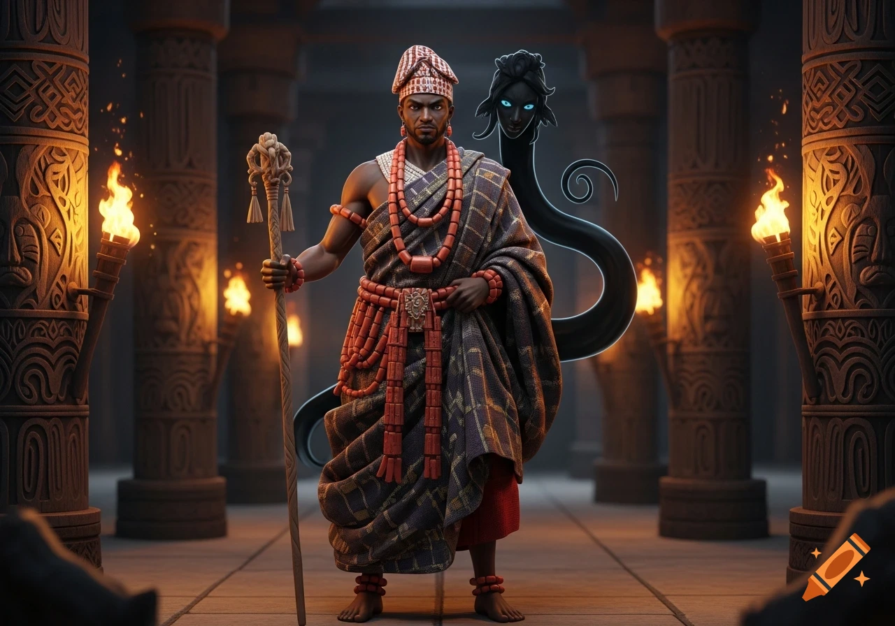 A 3D anime portrait of a noble Igbo adviser in traditional robes, coral beads, and holding a staff, with a shadow spirit behind him in an ancient palace.