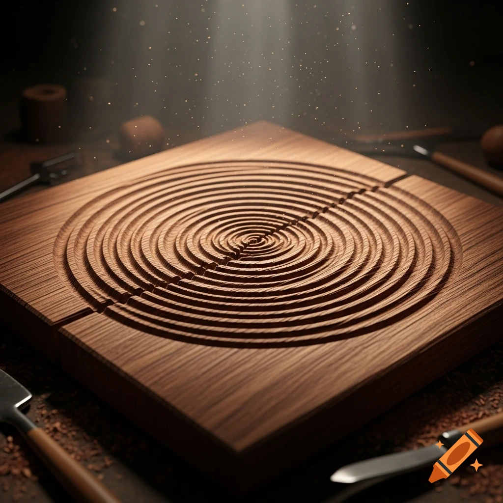 A square wooden panel with deeply carved concentric circles, illuminated by a spotlight with dust motes. Woodworking tools surround it.