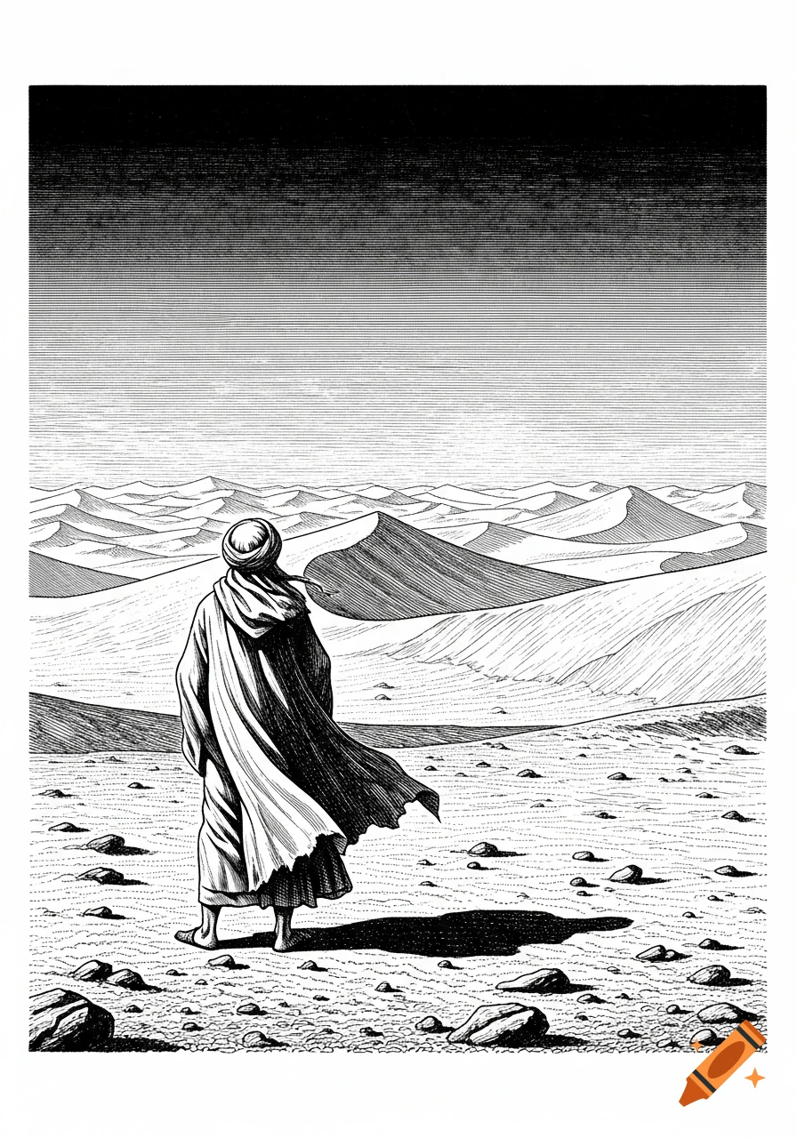 A man in a robe and turban stands looking out over a vast, rocky desert with sand dunes under a dark, striped sky, in a black and white drawing.