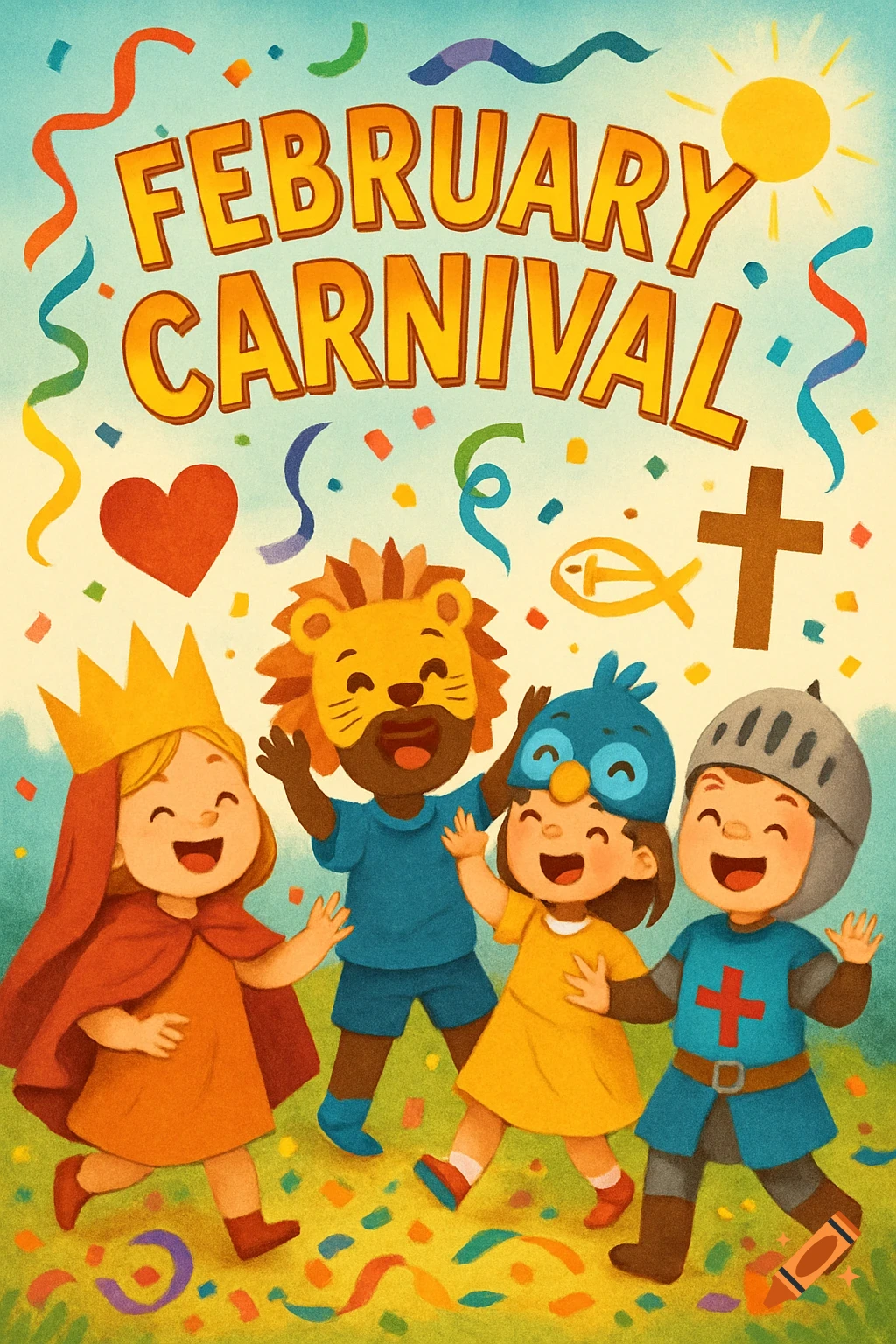Colorful illustration of four happy children in princess, lion, bird, and knight costumes, with confetti, Christian symbols, and 'FEBRUARY CARNIVAL' text.