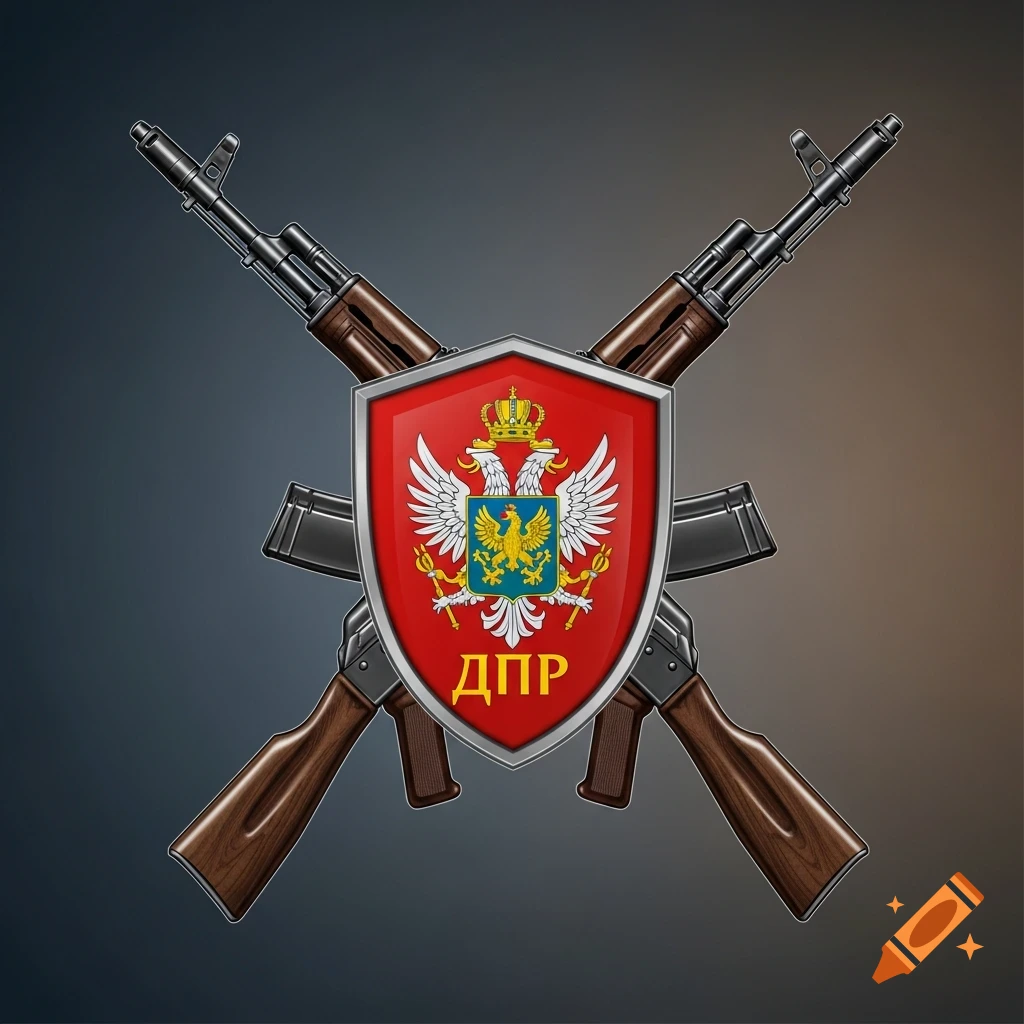 Two crossed Kalashnikov rifles behind a red shield featuring a double-headed eagle and the Cyrillic text "ДПР" (DPR).