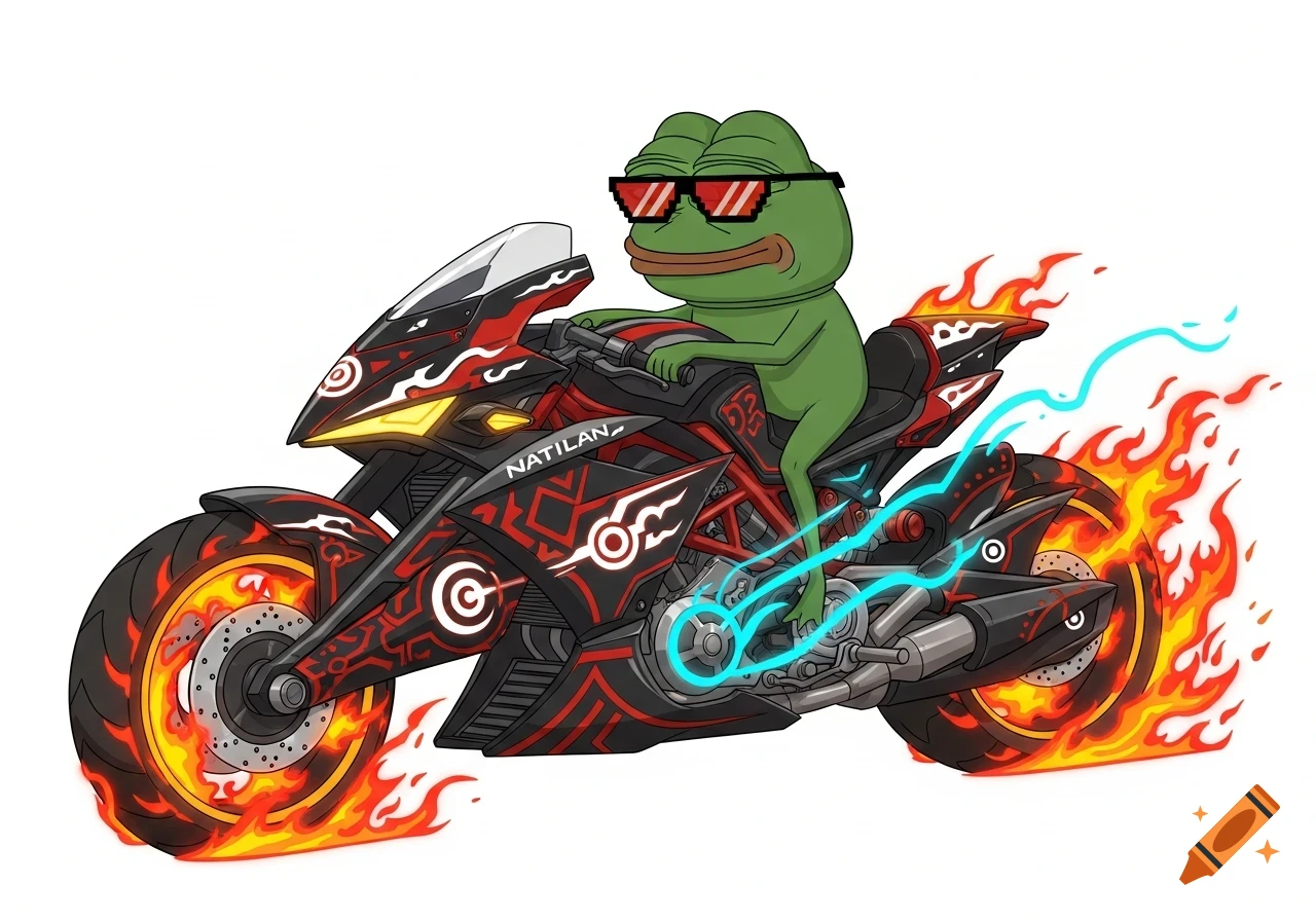 Pepe the Frog wearing pixelated sunglasses rides a fiery black and red futuristic motorcycle with glowing blue energy in an anime style.