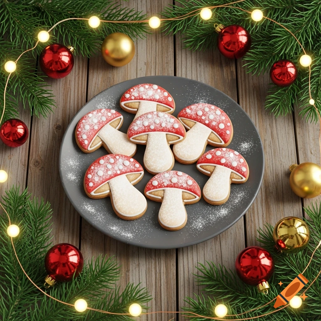 Photorealistic image of mushroom-shaped Christmas cookies dusted with powdered sugar on a dark plate, surrounded by festive decorations.