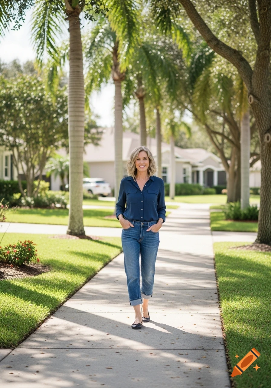 A trim, fit woman with wavy hair walks down a sunny suburban Florida sidewalk, wearing a dark blue shirt, boyfriend jeans, and ballet flats.