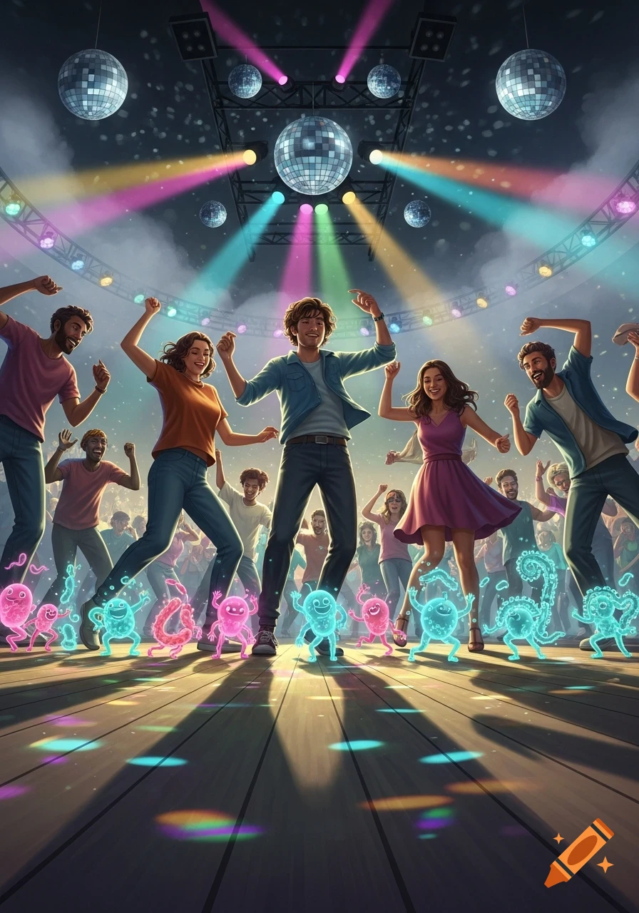 A diverse group of people dancing energetically on a disco floor with colorful lights, surrounded by glowing, cartoonish microbiome creatures.
