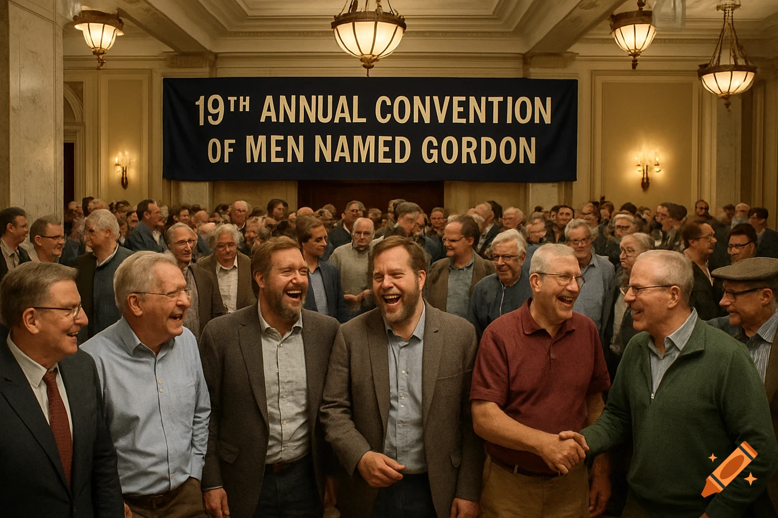 Men laughing and shaking hands at the '19th Annual Convention of Men Named Gordon' in a grand hall.