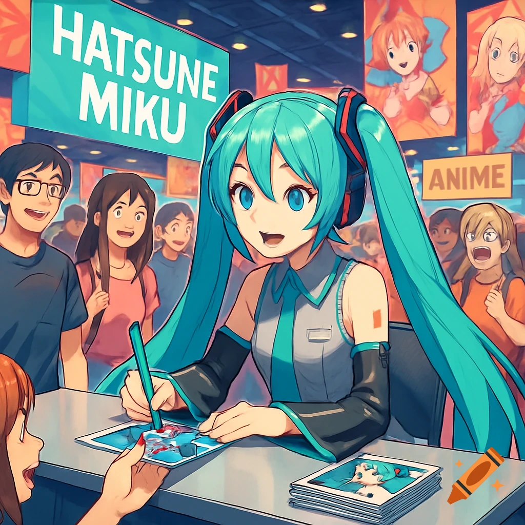 Hatsune Miku signing autographs for fans at an anime convention, with a HATSUNE MIKU sign visible above her.