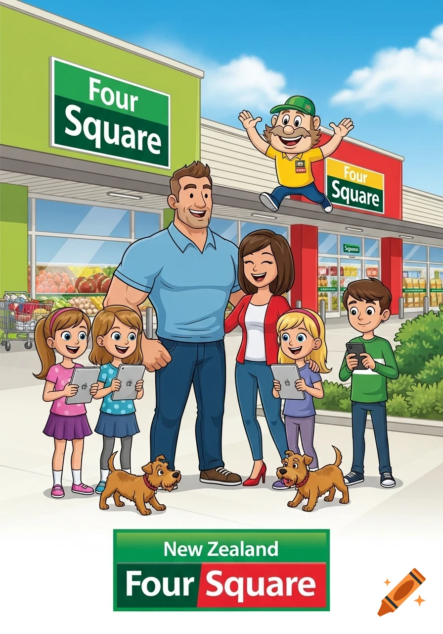 A cartoon family of five with two small dogs stands smiling in front of a Four Square supermarket. The Four Square character, Charlie, jumps happily above the entrance.