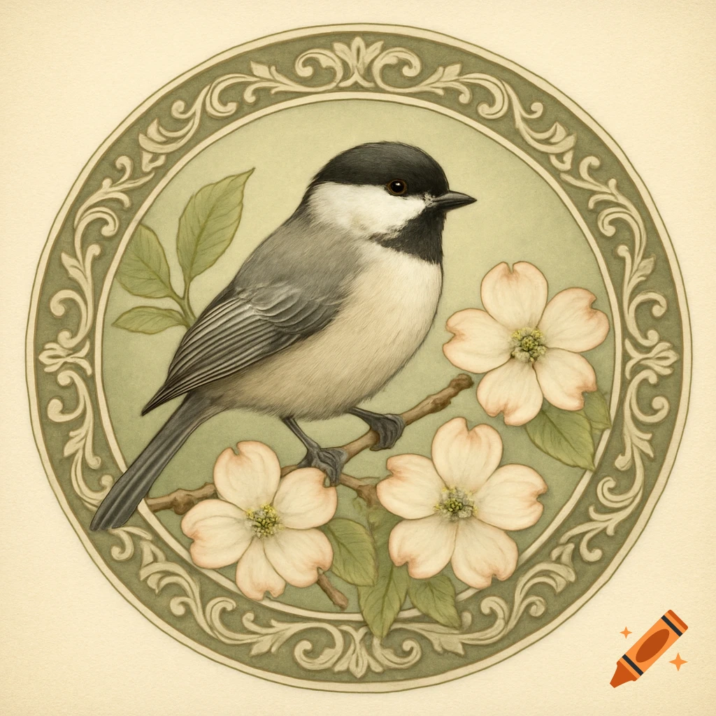 An illustration of a Carolina Chickadee perched on a flowering dogwood branch within an ornate green circle.