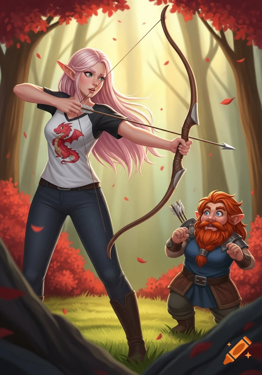 An elf woman with pink hair aims a bow in a red-leafed forest, while a red-bearded dwarf looks on with a scared expression.