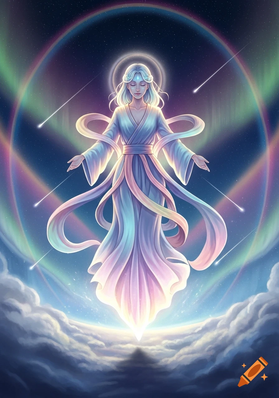 An ethereal figure with flowing, iridescent robes and a halo floats above clouds under a starry sky with rainbows and aurora borealis.
