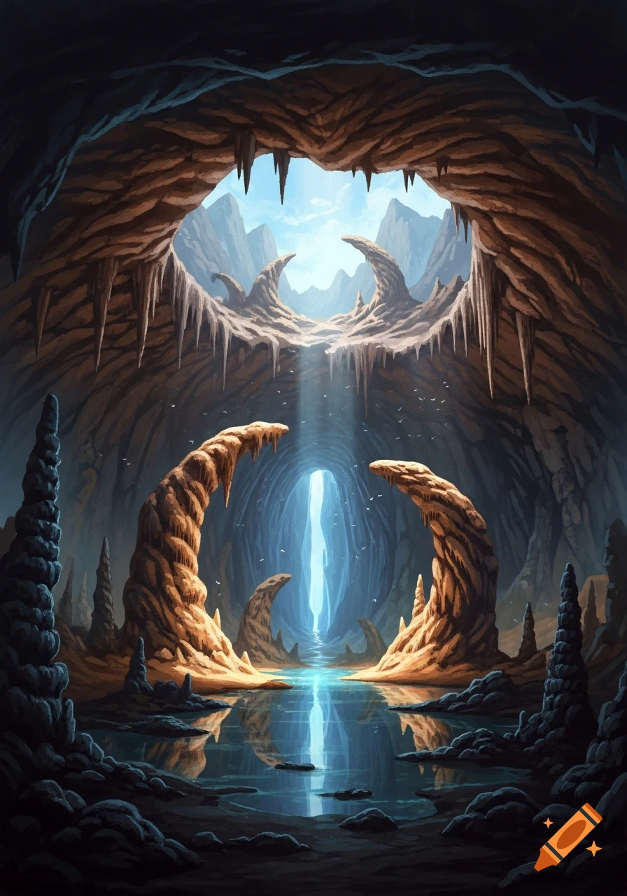 A fantasy cave with a large opening allowing a beam of light to illuminate an underground lake and intricate rock formations.