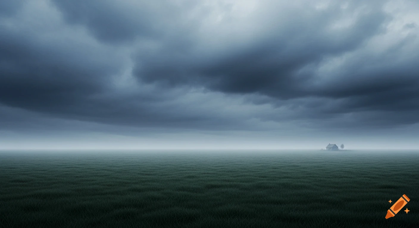 A solitary house stands in a vast, misty green field under a dark, oppressive cloudy sky, creating an eerie, liminal atmosphere.