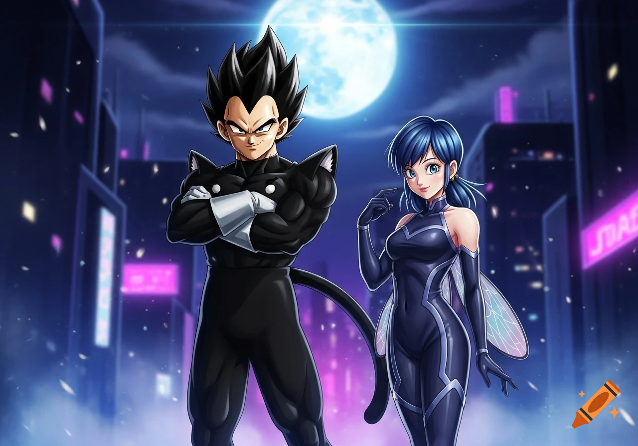 Vegeta as Claw Noir and Bulma as Shadybug in anime style, standing against a night city skyline with a full moon.