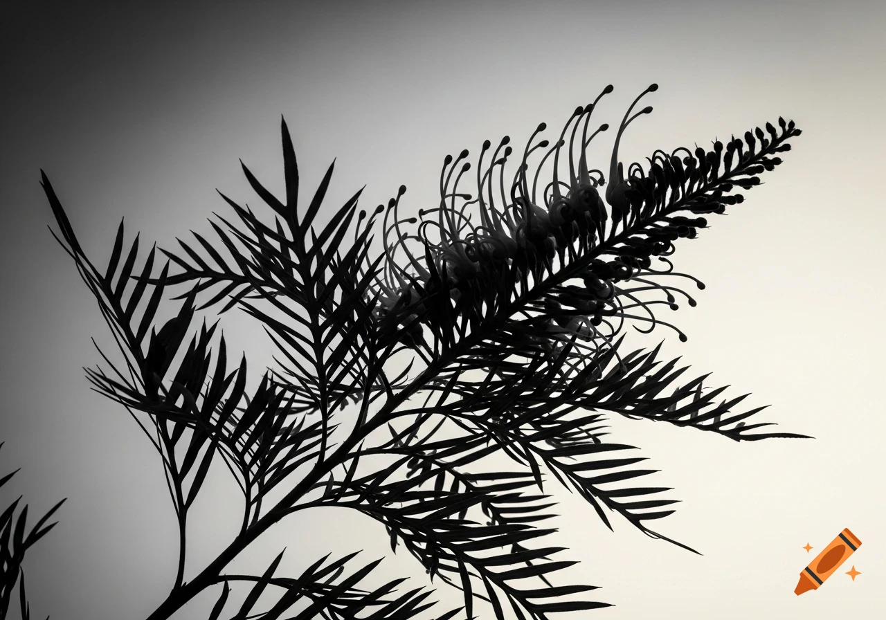 A black and white silhouette of a Grevillea plant with distinctive flowers and leaves against a gradient background.