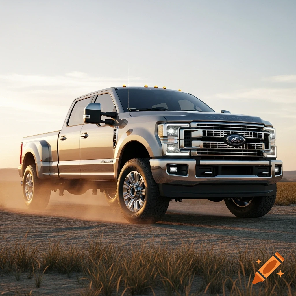 Photorealistic image of a grey Ford F-350 dually pickup truck driving on a dirt road, kicking up dust, at sunset.