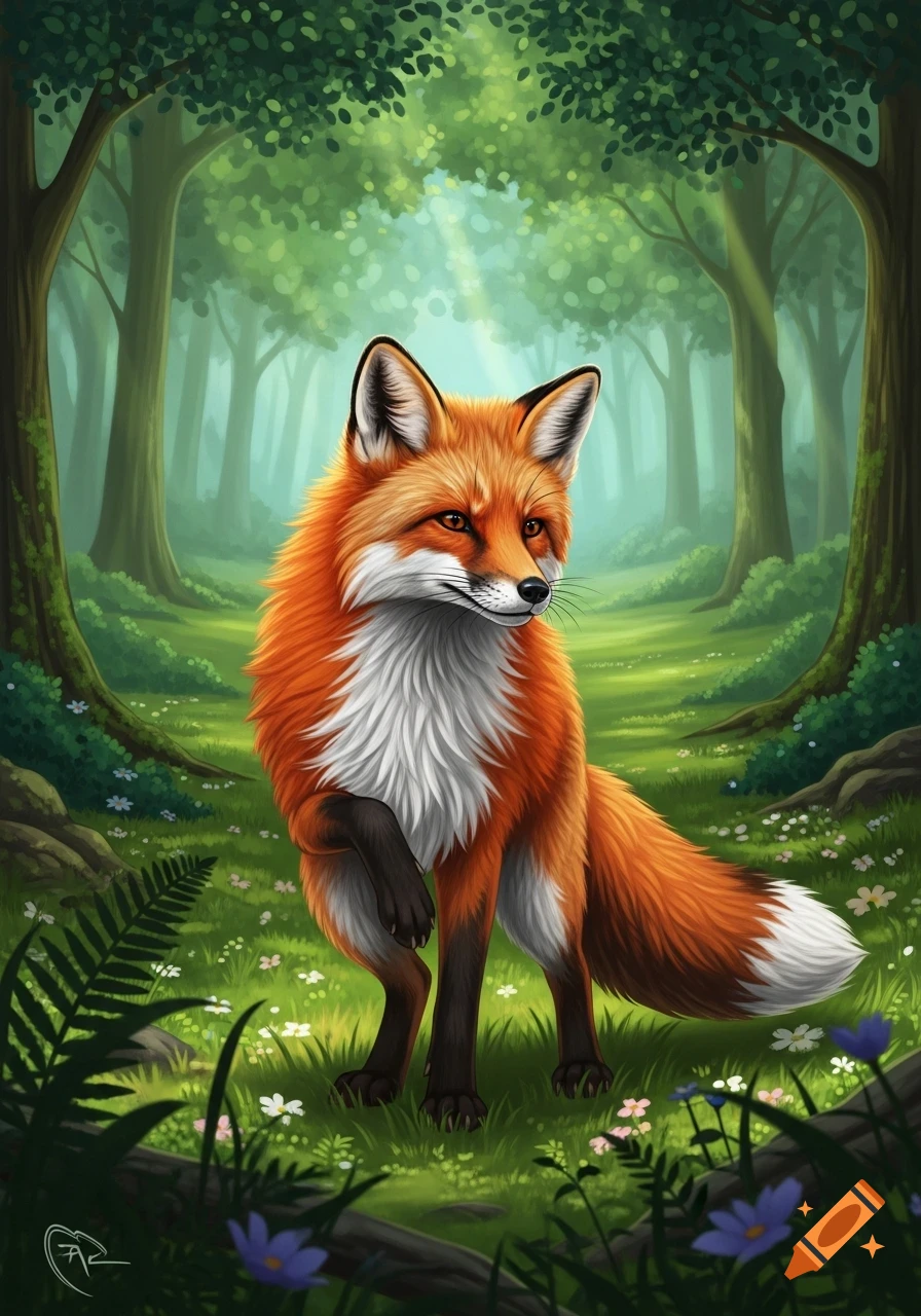 A vibrant red fox stands in a lush green forest with dappled sunlight, surrounded by wildflowers, in a detailed digital art style.