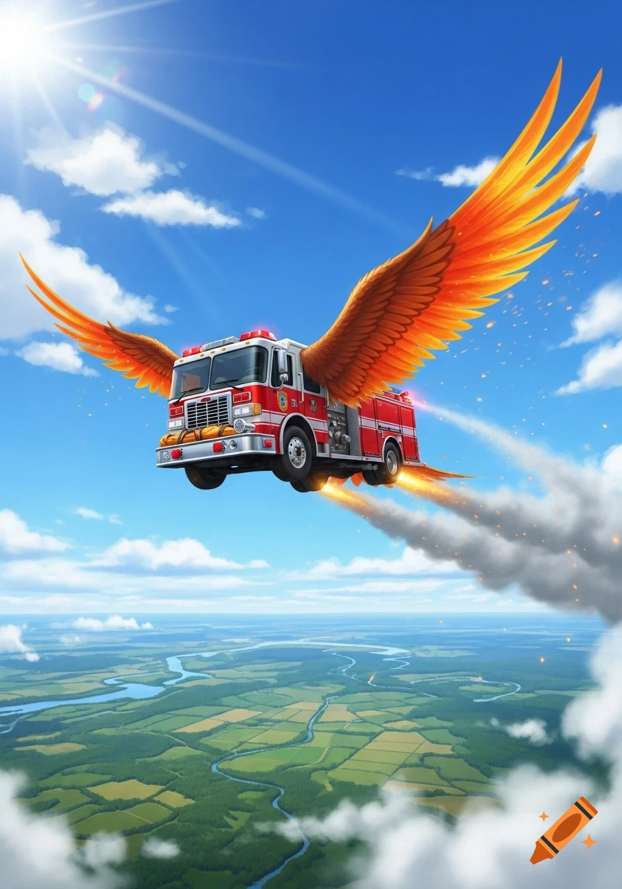 A red fire truck with large orange wings flies through a sunny blue sky over a green landscape with rivers.