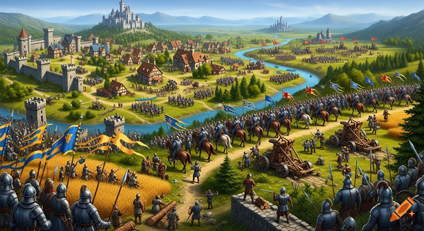 A vibrant, detailed strategic view of a medieval battle with two armies clashing near a river, a fortified village, and castles in the background.