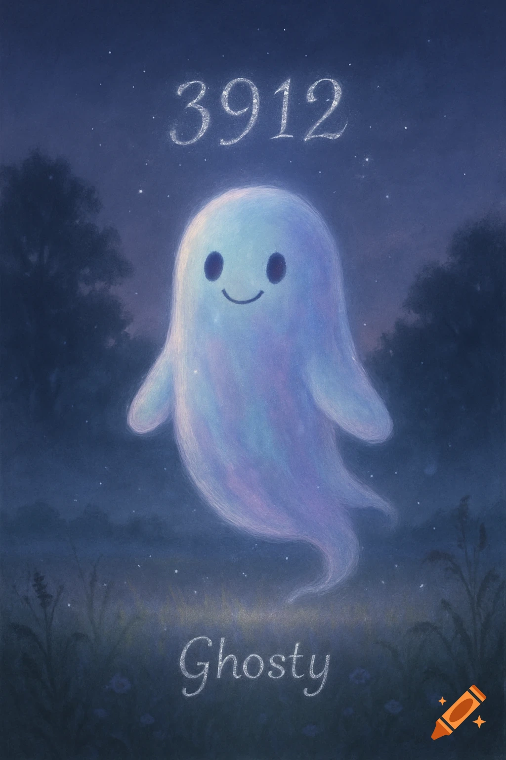 A cute, glowing blue and purple ghost floats in a dark, starry night scene with text '3912' and 'Ghosty' in a whimsical illustration style.