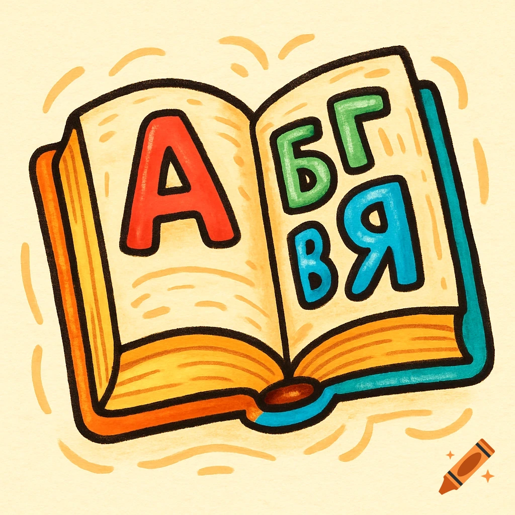 2D cartoon illustration of an open book displaying large, colorful Cyrillic letters A, B, G, V, Ya.