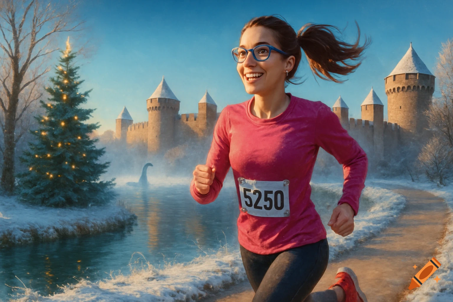 A smiling woman with glasses and a pink shirt runs on a snowy path next to a moat with Nessie, a castle, and a decorated Christmas tree in a winter landscape.