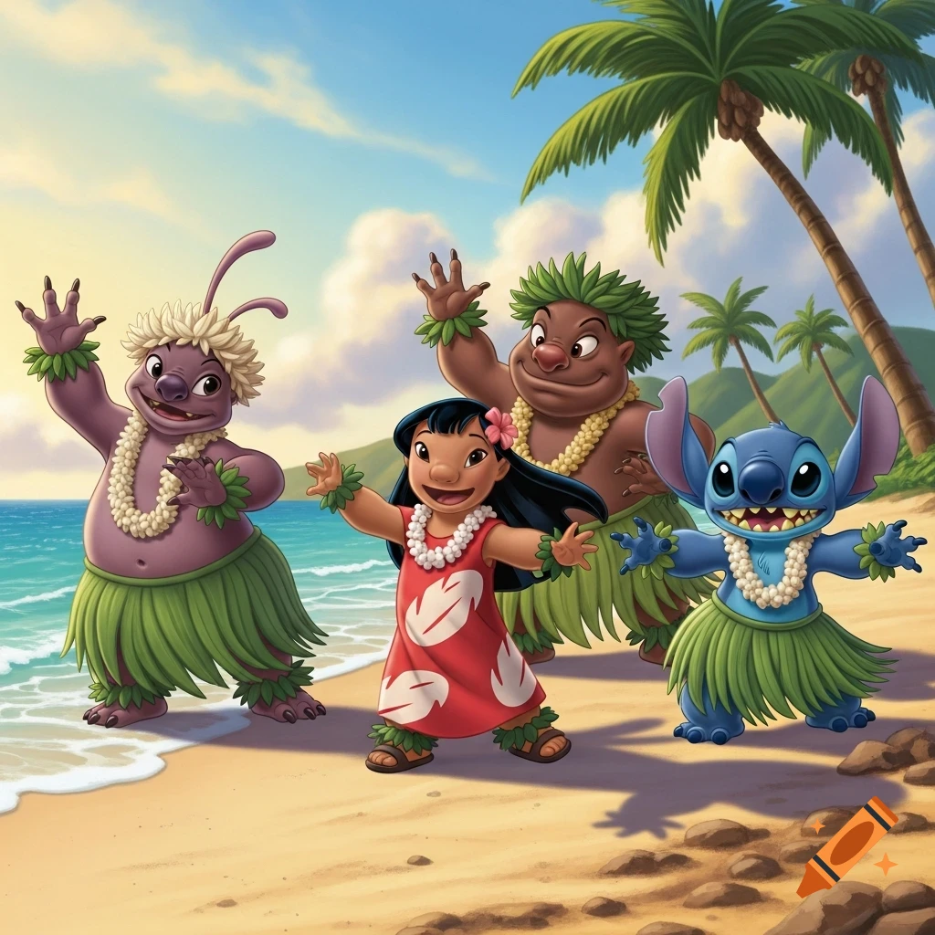 Lilo, Stitch, Jumba, and Pleakley hula dancing on a sandy beach with palm trees and ocean.