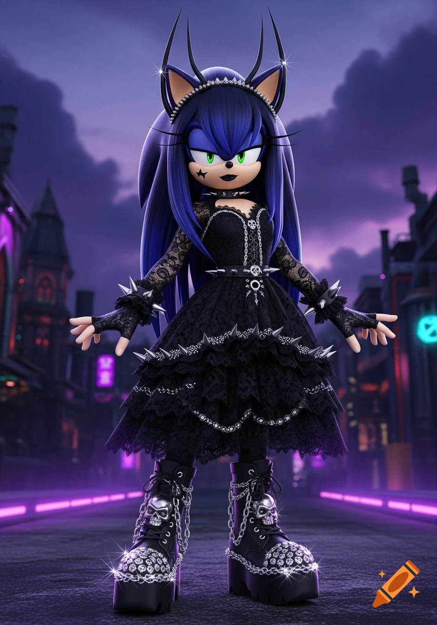 A goth Sonic character with long blue hair, wearing a black lace dress, spiked choker, platform boots, and skull chains, stands in a neon-lit city at night.