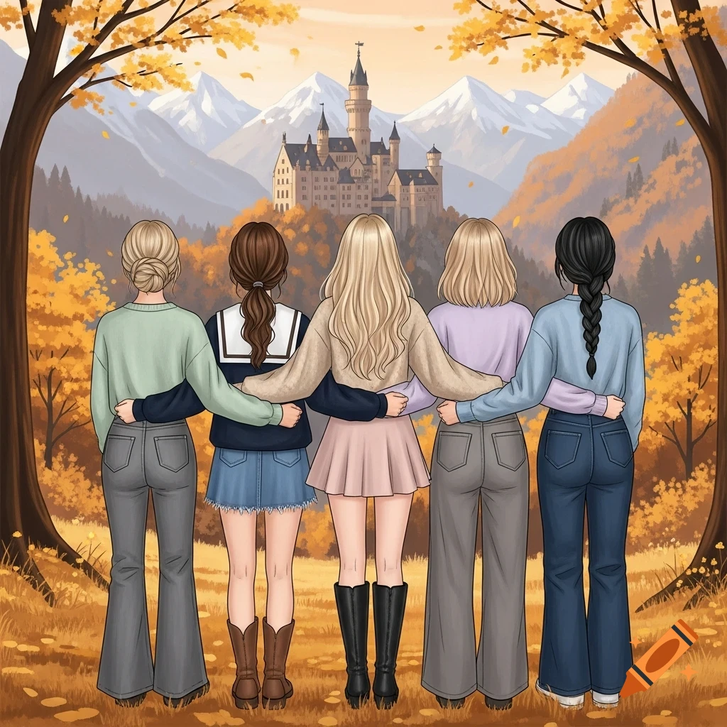 Five friends with linked arms, seen from behind, gaze at a distant castle amidst an autumn landscape with golden trees and mountains.