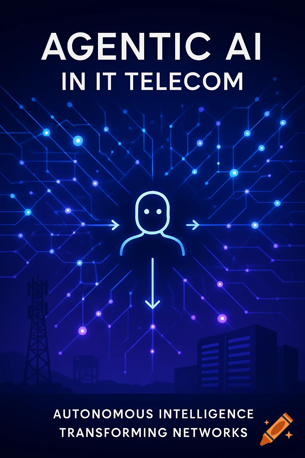 Digital illustration of an AI agent icon connected to a network of glowing nodes and pathways, with telecom infrastructure and buildings in the background.