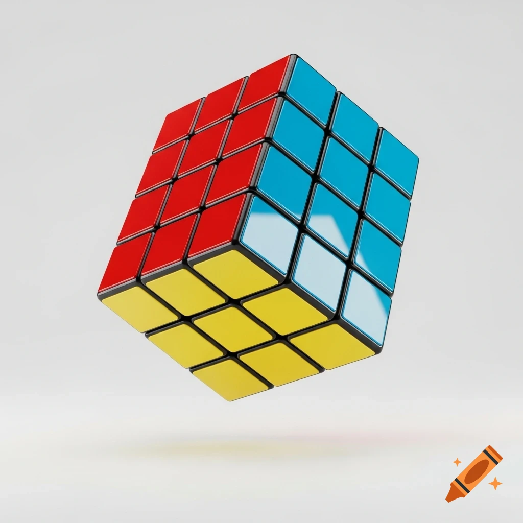 A red, yellow, and blue 4x4 Rubik's Cube floats against a clean white background.