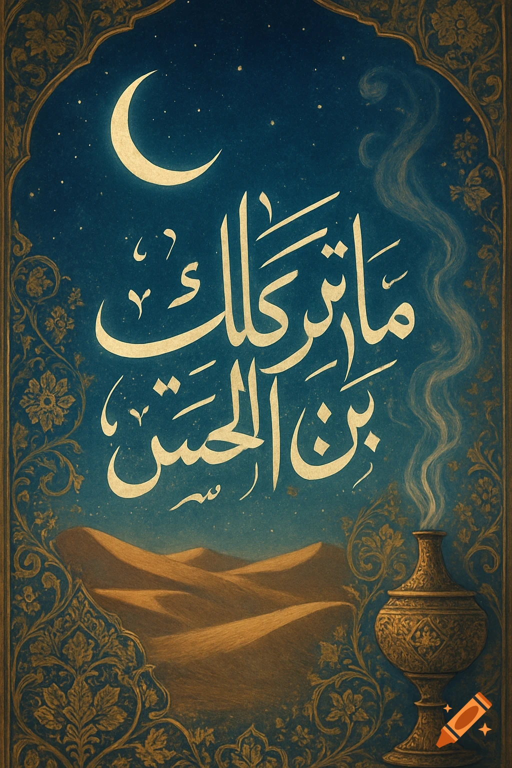 Ornate gold-framed Arabic calligraphy, 'Mataraknak Yabna Al-Hussein,' over desert dunes under a crescent moon, with an incense burner.