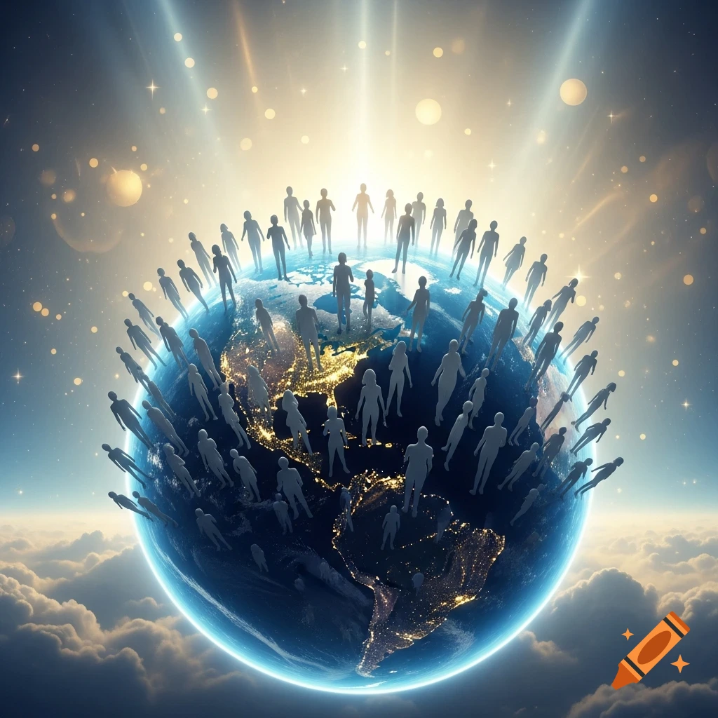 A conceptual image of a glowing Earth with numerous silhouetted people standing on its surface, set against a bright, star-filled, cloudy sky.
