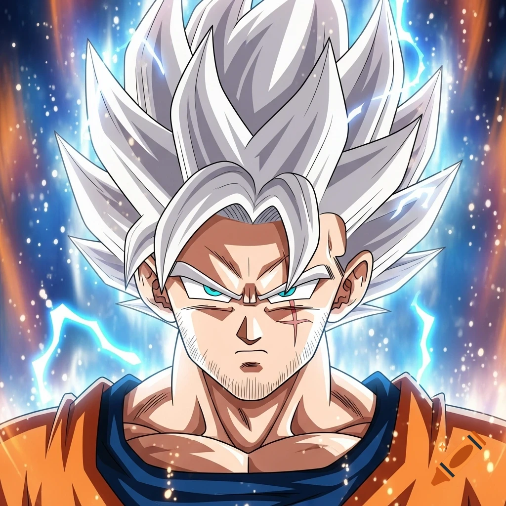 Anime portrait of a male character with white spiky hair, blue eyes, a beard, and a scar on his cheek, surrounded by a glowing blue aura.