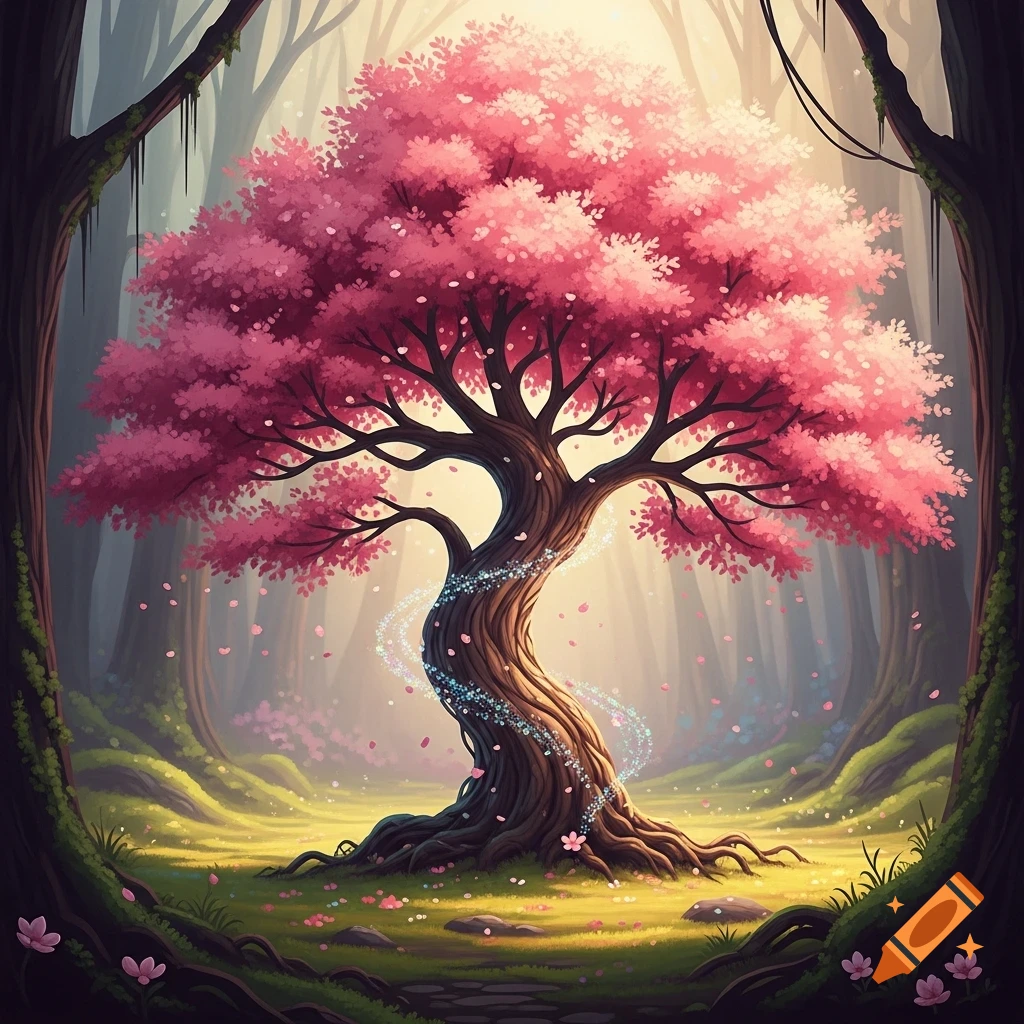A magical pink blossom tree with sparkling lights in an enchanted forest, with petals falling onto grassy ground.