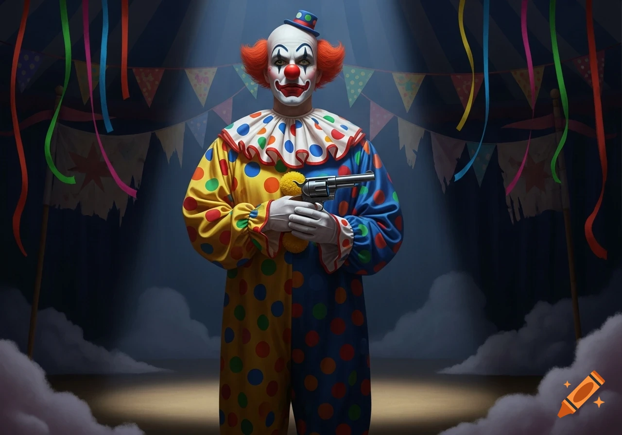 Photorealistic image of a clown in a colorful polka-dot costume and makeup, holding a gun under a spotlight in a circus tent.