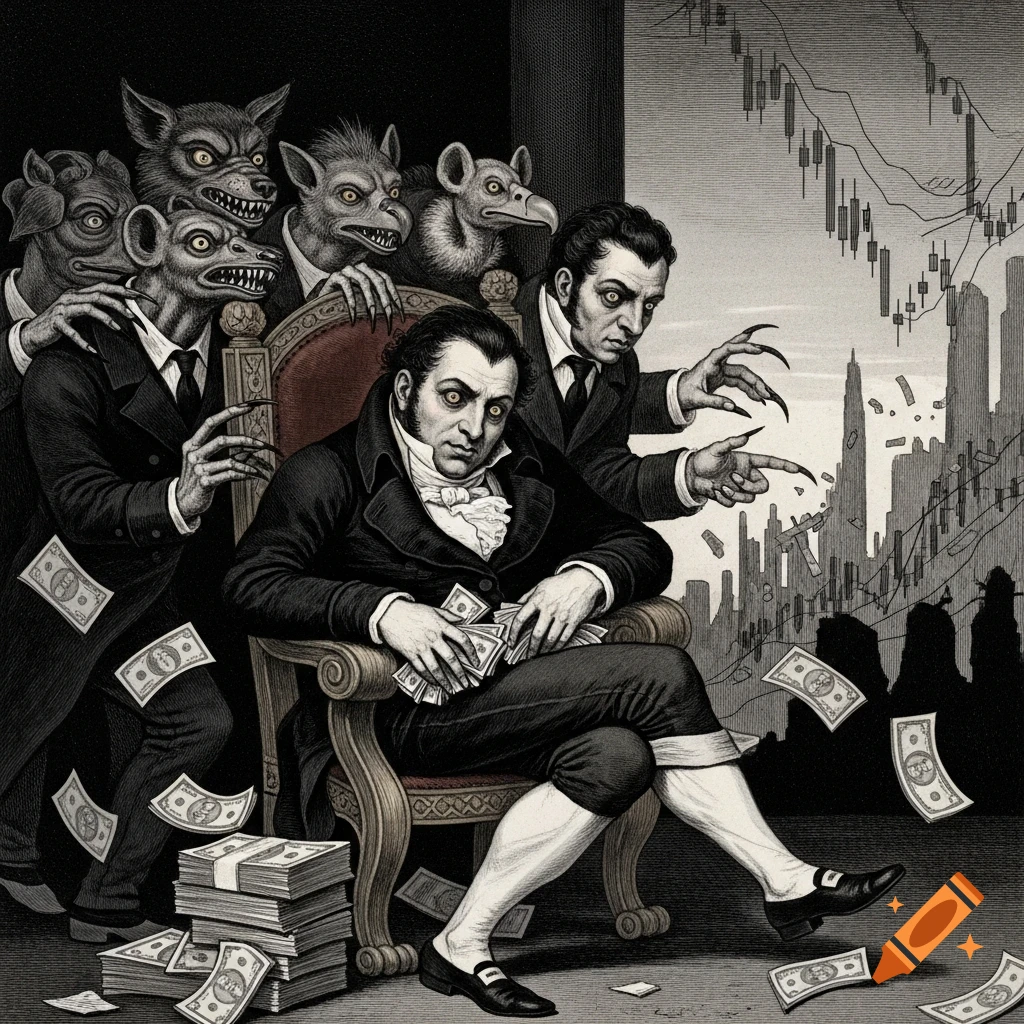 A man resembling a 19th-century gentleman sits in a chair, holding money, surrounded by grotesque, animal-headed figures in suits, with a cityscape and stock market graph in the background, in the style of Goya's Los Caprichos.